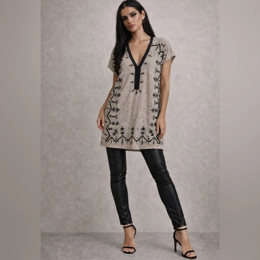 Lucky Brand|Boho Chic Embroidered tunic top w/ beading|oatmeal/black| Large| EUC - Picture 5 of 14